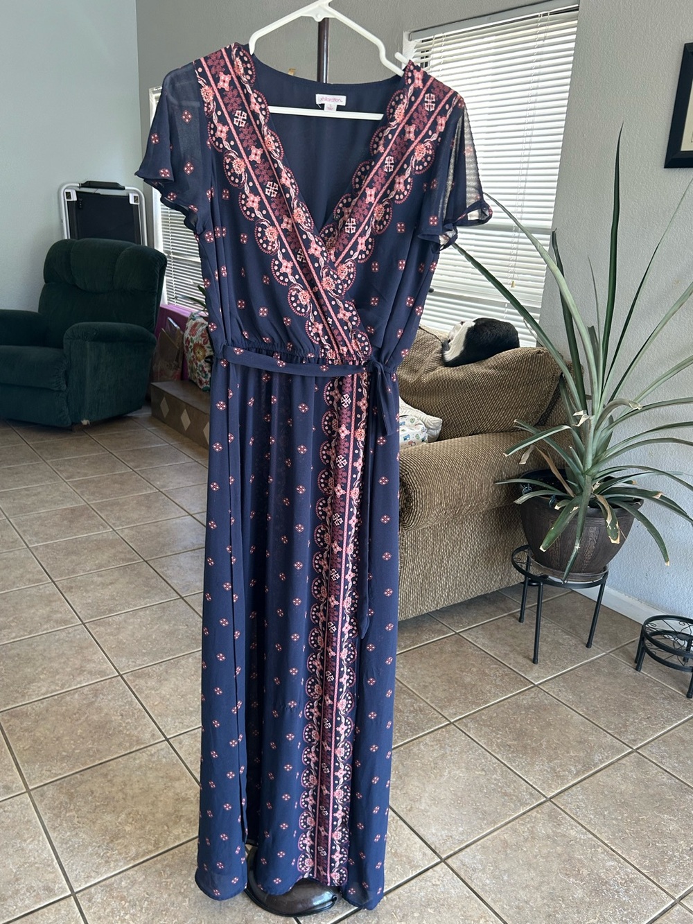 Xhilaration Navy Wrap Maxi Dress with Pink Floral Trim